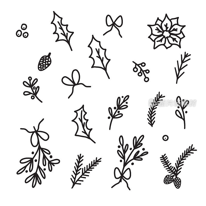 Hand drawn doodle sketch style vector illustration of Christmas decoration â winter plants such as fir branches, mistletoe, pine cones and holly leaves with berries Isolated on white background.